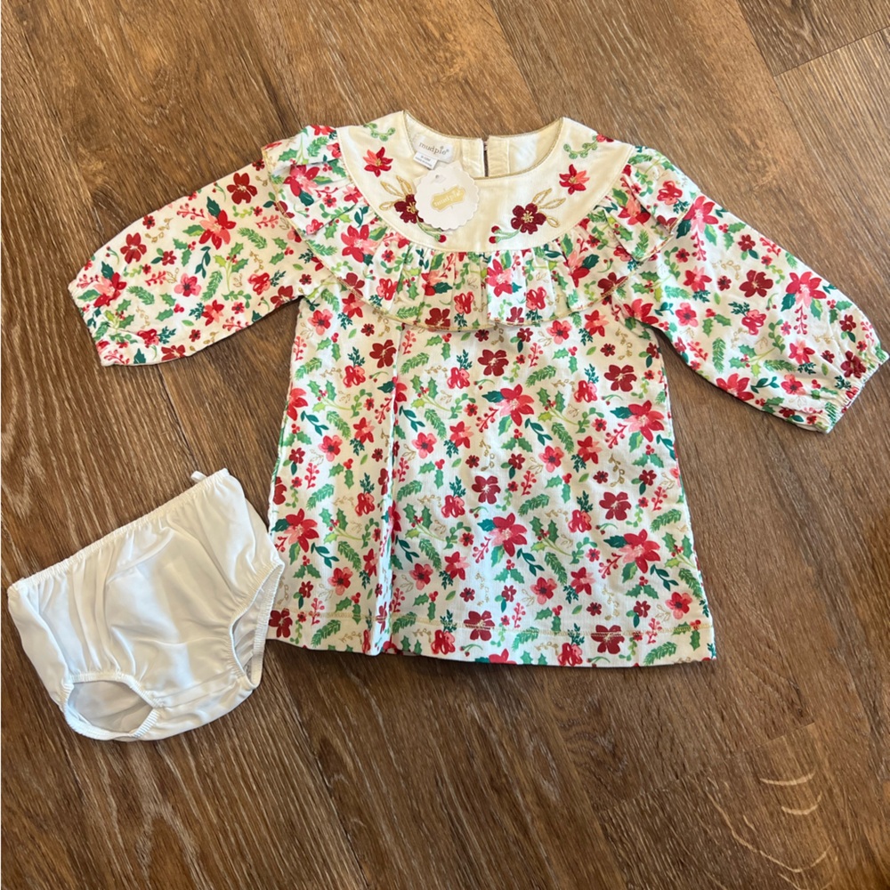 Mud Pie Red and Green Floral Baby Dress with Bloomers